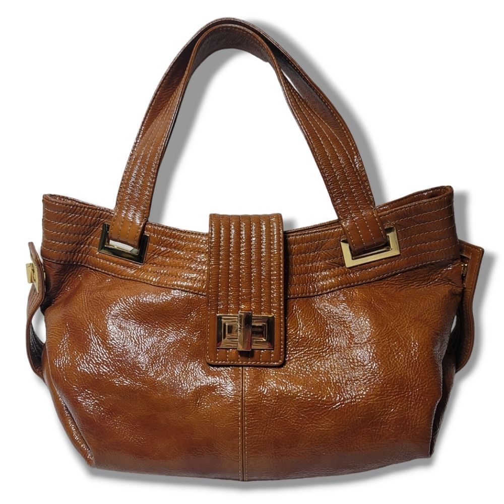 Kooba Natasha Patent Leather Brown Expandable Convertible Large Shoulder Purse